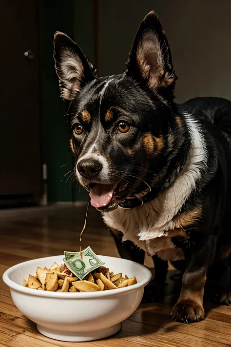 Make an angry dog eat food in the shape of money 