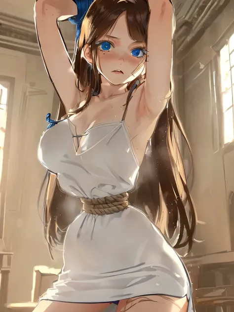 ((masterpiece)), ((highest quality)), (super detailed), torture chamber,(((Waist bound tightly with rope))),pretty girl, 1 girl, alone,white tank top one piece dress,beautiful brown hair, (beautiful blue eyes), long hair, expression of agony