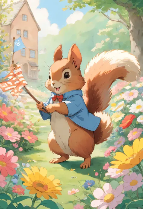 Illustration of a picture book in the style of Beatrix Potter, Waving the flag in a flowering garden,There&#39;There&#39;s a baby squirrel next to me, The illustrations are charming and delicate, soft colors,In detail,flower picture frame