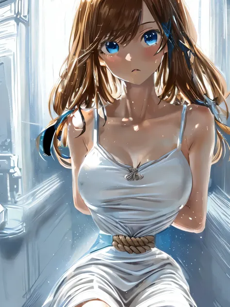 ((masterpiece)), ((highest quality)), (super detailed), torture chamber,(((Waist bound tightly with rope))),pretty girl, 1 girl, alone,white tank top one piece dress,beautiful brown hair, (beautiful blue eyes), long hair, expression of agony