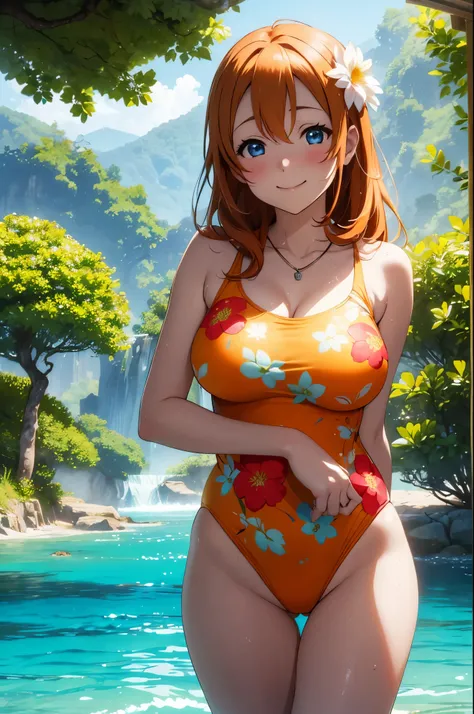 (Masterpiece, Best Quality, High Quality), kousaka honoka, orange hair, blue eyes, volumetric lighting, illustration, beautiful, tight ,wet, Blushing, huge breasts, looking at viewer, flowers printed leotard swimsuit, sleeves,solo, curvy body,under water, ...