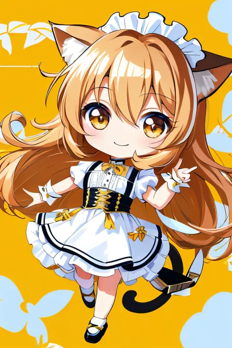 (Chibi Chibi: 1.3), Solo, full body, wearing yellow maid clothes, highly detailed face, (smile: 1.2), lively, gravure pose, beautiful detailed eyes, light brown long hair, cat ears, masterpiece, top quality, highly detailed 8k wallpaper