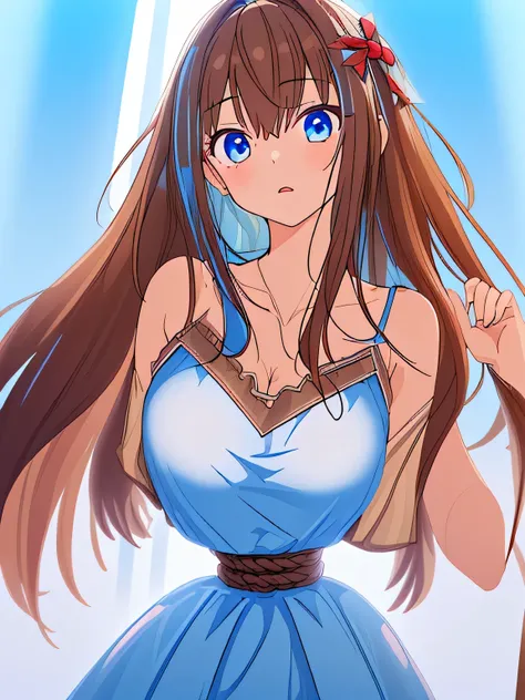 ((masterpiece)), ((highest quality)), (super detailed), torture chamber,(((Waist bound tightly with rope))),pretty girl, 1 girl, alone,sky blue tank top one piece dress,beautiful brown hair, (beautiful blue eyes), long hair, expression of agony