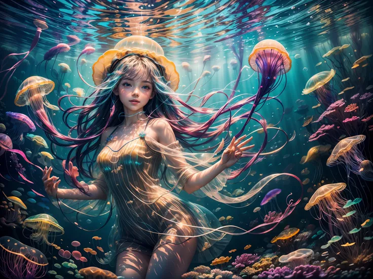 (high quality, vibrant colors),(realistic:1.37),a girl under the sea playing with rainbow jellyfishes (2girls),bright sun rays s...