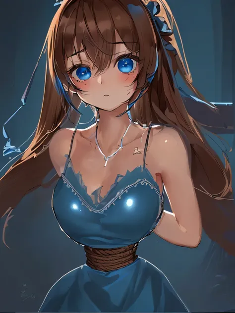 ((masterpiece)), ((highest quality)), (super detailed), torture chamber,(((Waist bound tightly with rope))),pretty girl, 1 girl, alone,sky blue tank top one piece dress,beautiful brown hair, (beautiful blue eyes), long hair, expression of agony