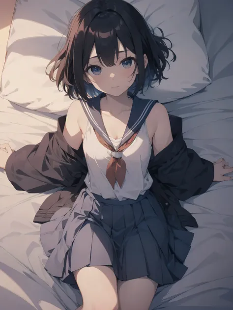 Ultra-highest quality by the art god, super detailed, High resolution,  anime moe art style, Best Anime 8K Kona-chan Wallpaper, pixiv contest winner, perfect anatomy, break,(please draw a picture of a girl sitting sleepily on her bed. )break, 1 girl,(alone...