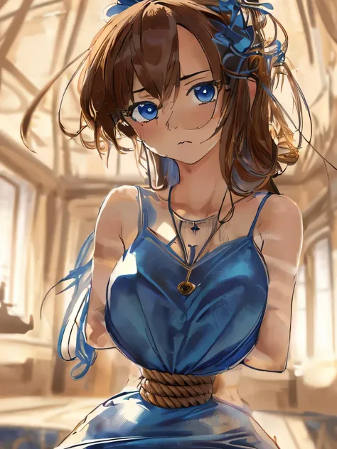 ((masterpiece)), ((highest quality)), (super detailed), torture chamber,(((Waist bound tightly with rope))),pretty girl, 1 girl, alone,sky blue tank top one piece dress,beautiful brown hair, (beautiful blue eyes), long hair, expression of agony