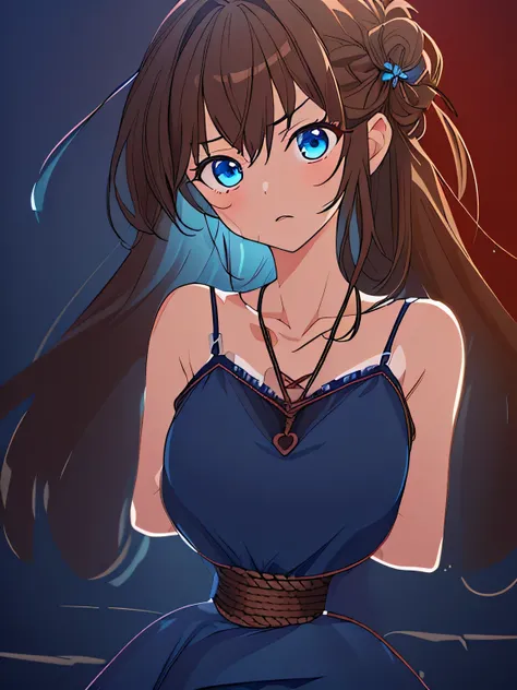 ((masterpiece)), ((highest quality)), (super detailed), torture chamber,(((Waist bound tightly with rope))),pretty girl, 1 girl, alone,black tank top one piece dress,beautiful brown hair, (beautiful blue eyes), long hair, expression of agony