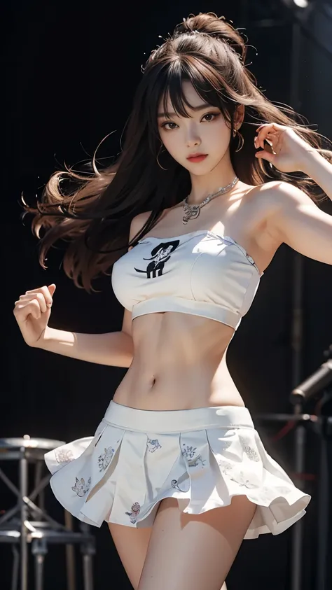 Standing, hair bang, flower hair pin, skin pores, shining skin, ideal tits, t-shirts, tube top, abs stomach, weiss, skirt, in stage, lovely, beautiful, dark theme, K-pop style