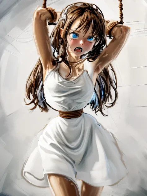 ((masterpiece)), ((highest quality)), (super detailed), torture chamber,(((Waist bound tightly with rope))),pretty girl, 1 girl, alone,white tank top one piece dress,beautiful brown hair, (beautiful blue eyes), long hair, expression of agony