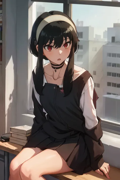 upper body, yor, 1girl, solo, collarbone, black hair, red eyes, black hair, short hair, short hair with long locks, bangs, sidelocks, white hairband, looking at window, sitting in classroom, school uniform, desk, books, window, (camera from outside window)