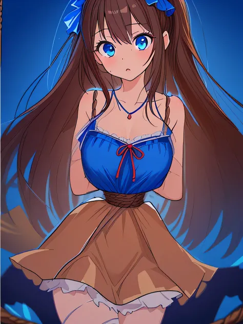 ((masterpiece)), ((highest quality)), (super detailed), torture chamber,(((Waist bound tightly with rope))),pretty girl, 1 girl, alone,Blue One Piece Dress,beautiful brown hair, (beautiful blue eyes), long hair, expression of agony