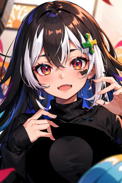 masterpiece, high quality, highres, absurdres, ultra-detailed, 8k, 1girl, platinum grey hair, blue hair, multicolored hair, gradient hair, looking at viewer, red glowing eyes, black turtleneck sweater, (school background:1.15), brilliant colorful paintings...