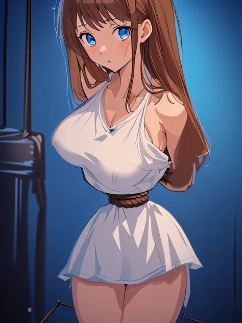 ((masterpiece)), ((highest quality)), (super detailed), torture chamber,(((Waist bound tightly with rope))),pretty girl, 1 girl, alone,white tank top one piece dress,beautiful brown hair, (beautiful blue eyes), long hair, expression of agony