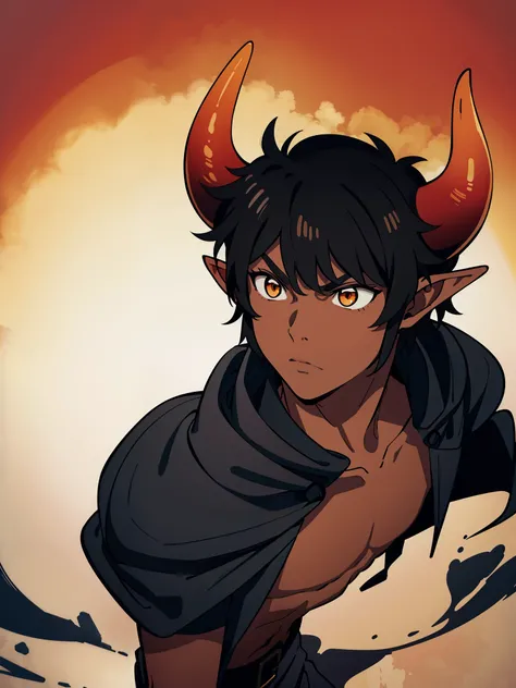 1boy,20 years,solo,serious,((dark skin)),black cloak,black hair,elf ears,(horns),from front,orange eyes,(((no background)))