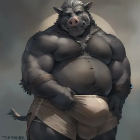 Solo, male, chubby, musclegut, muscular, mature male, old, unhappy, black fur, blue eyes, grey hair, body hair, big bulge, pig, (by tarran fiddler)