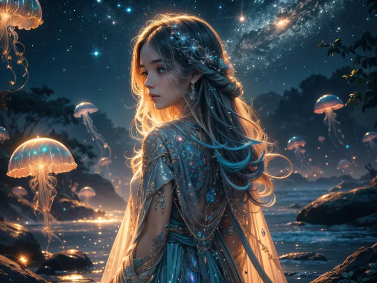 (best quality,4k,8k,highres,masterpiece:1.2), ultra-detailed, (realistic, photorealistic, photo-realistic:1.37), HDR, painting, portraits, vivid colors, sharp focus, bokeh, studio lighting,
A girl playing with rainbow jellyfishes in the vast universe. The ...