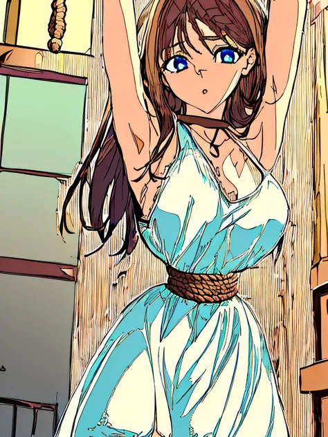 ((masterpiece)), ((highest quality)), (super detailed), torture chamber,(((Waist bound tightly with rope))),pretty girl, 1 girl, alone,white tank top one piece dress,beautiful brown hair, (beautiful blue eyes), long hair, expression of agony