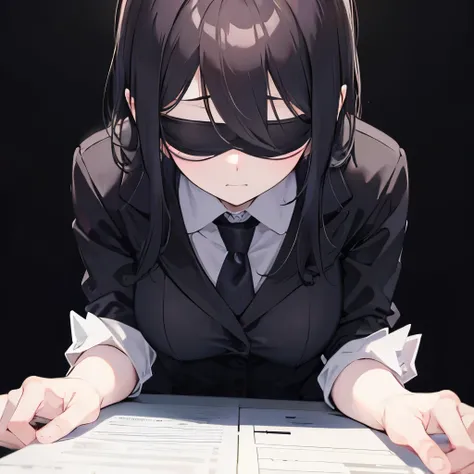 shy submissive office lady with blindfold, crawl to offer checklist to you, black background