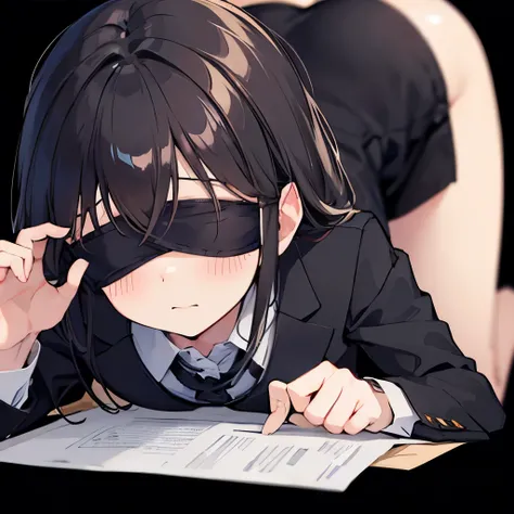 shy submissive office lady with blindfold, crawl to offer checklist to you, black background