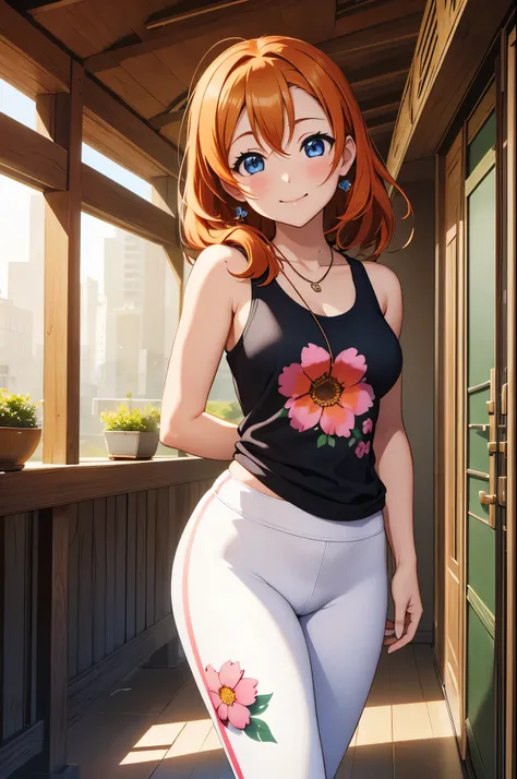 (Masterpiece, Best Quality, High Quality),(chibi), kousaka honoka, orange hair,low ponytail, blue eyes, volumetric lighting, illustration, beautiful, tight , Blushing, breasts, looking at viewer, flowers printed tank top, yoga pants,solo, curvy body,floral...