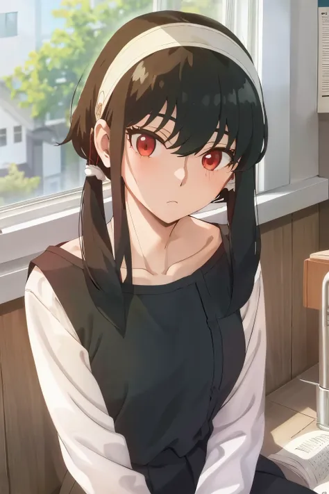 upper body, yor, 1girl, solo, collarbone, black hair, red eyes, black hair, short hair, short hair with long locks, bangs, sidelocks, white hairband, looking at window,sitting in classroom, school uniform, desk, books, window