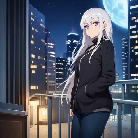 a woman wearing casual clothes in a city at night, silver hair, purple eyes
