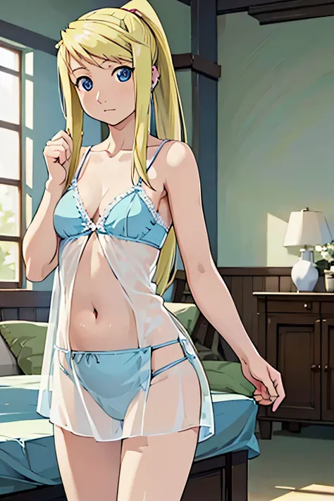 winry_rockbell, blonde hair, blue eyes, (((negligee, navel, medium breasts, collarbone)))