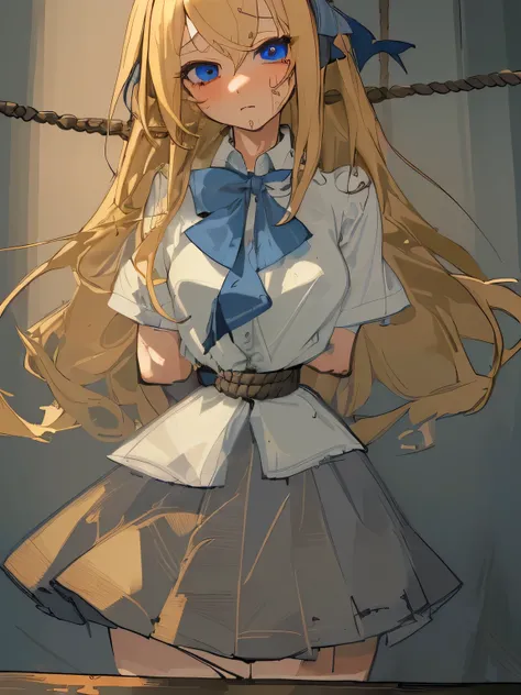 ((masterpiece)), ((highest quality)), (super detailed), torture chamber,(((Waist bound tightly with rope))),pretty girl, 1 girl, alone,white blouse,ribbon tie,gray skirt,beautiful blonde hair, (beautiful blue eyes), long hair, expression of agony