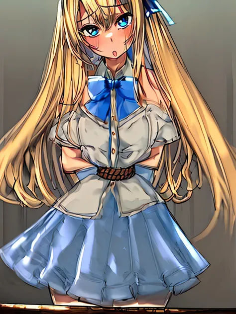 ((masterpiece)), ((highest quality)), (super detailed), torture chamber,(((Waist bound tightly with rope))),pretty girl, 1 girl, alone,white blouse,ribbon tie,gray skirt,beautiful blonde hair, (beautiful blue eyes), long hair, expression of agony