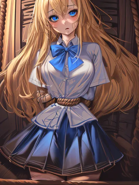 ((masterpiece)), ((highest quality)), (super detailed), torture chamber,(((Waist bound tightly with rope))),pretty girl, 1 girl, alone,white blouse,ribbon tie,gray skirt,beautiful blonde hair, (beautiful blue eyes), long hair, expression of agony