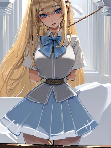 ((masterpiece)), ((highest quality)), (super detailed), torture chamber,(((Waist bound tightly with rope))),pretty girl, 1 girl, alone,white blouse,ribbon tie,gray skirt,beautiful blonde hair, (beautiful blue eyes), long hair, expression of agony