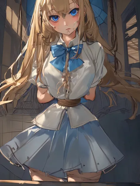 ((masterpiece)), ((highest quality)), (super detailed), torture chamber,(((Waist bound tightly with rope))),pretty girl, 1 girl, alone,white blouse,ribbon tie,gray skirt,beautiful blonde hair, (beautiful blue eyes), long hair, expression of agony