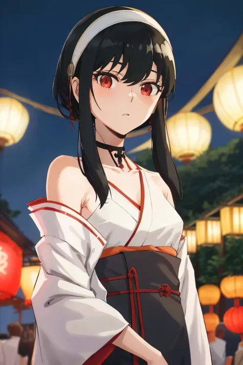 upper body, yor, 1girl, solo, collarbone, black hair, red eyes, black hair, short hair, short hair with long locks, bangs, sidelocks, white hairband, looking at viewer,summer festival, night, kimono, small girl