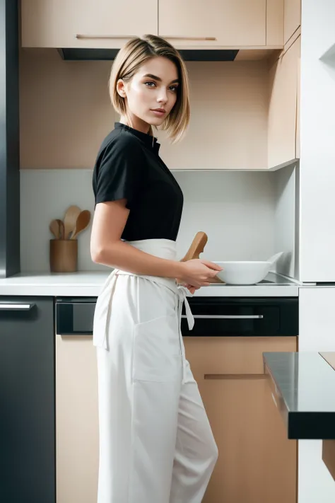 She is wearing a simple yet elegant outfit, consisting of a crisp white chefs apron over a fitted black top and tailored black trousers. The apron, made of high-quality cotton, wraps around her waist securely, accentuating her feminine silhouette while pro...