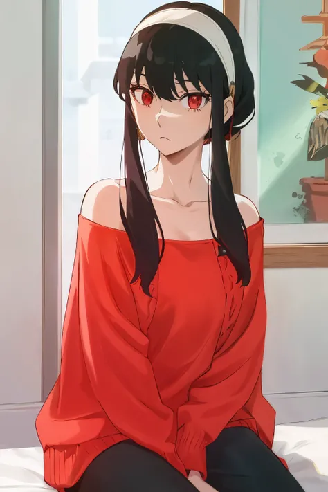 upper body, yor, 1girl, solo, off-shoulder sweater, red sweater, collarbone, black hair, red eyes, black hair, short hair, short hair with long locks, bangs, sidelocks, white hairband, looking at viewer, ssunndy days, sun, emotionless