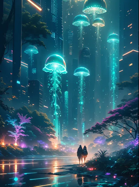 (best quality,4k,8k,highres,masterpiece:1.2),ultra-detailed,(realistic,photorealistic,photo-realistic:1.37),cyberpunk fish tank,mechanical jellyfish,glowing neon lights,high-tech futuristic atmosphere,detailed cybernetic fish,shimmering metallic scales,sea...