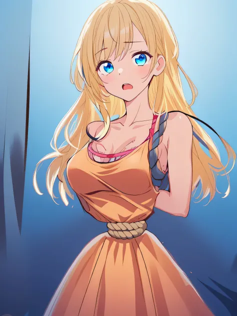 ((masterpiece)), ((highest quality)), (super detailed), torture chamber,(((Waist bound tightly with rope))),pretty girl, 1 girl, alone,pink tank top one piece dress,beautiful blonde hair, (beautiful blue eyes), long hair, expression of agony