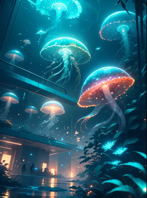 "(best quality,highres,ultra-detailed),(realistic:1.37) cyborg jellyfish swimming in a cyberpunk-style fish tank,mechanical tentacles,futuristic lighting effects,neon colors,reflective glass tank,cityscape background,digital display showing water temperatu...