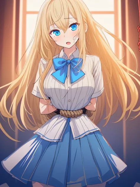 ((masterpiece)), ((highest quality)), (super detailed), torture chamber,(((Waist bound tightly with rope))),pretty girl, 1 girl, alone,white blouse,ribbon tie,gray skirt,beautiful blonde hair, (beautiful blue eyes), long hair, expression of agony