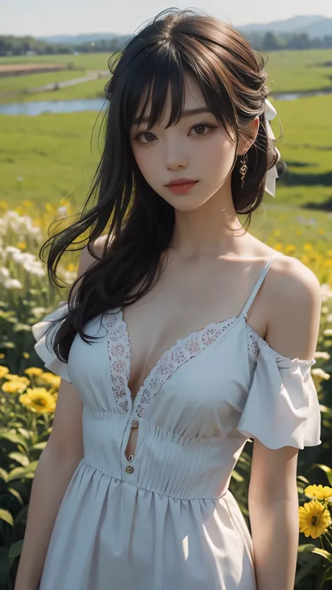 hair bang, ribbon hair pin, skin pores, shining skin, ideal tits, deep-v neck off shoulder dress,, in flower field, lovely, beautiful, chest shoot focus, cold light