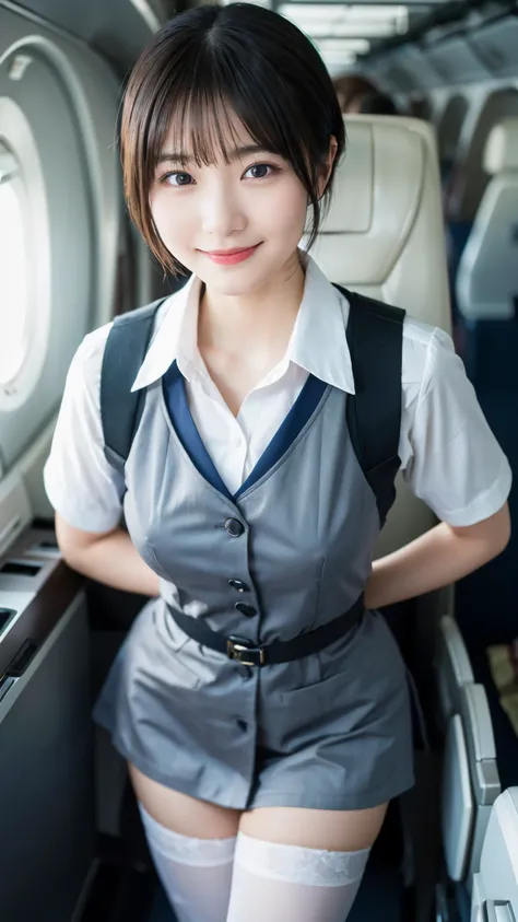 (highest quality,masterpiece:1.3,ultra high resolution),(Super detailed,caustics,8k),(photorealistic:1.4,RAW shooting),25 years old,Japanese,cute,stewardess uniform,black short hair,tights,(smile and look down at the camera),(big ),Are standing,inside the ...