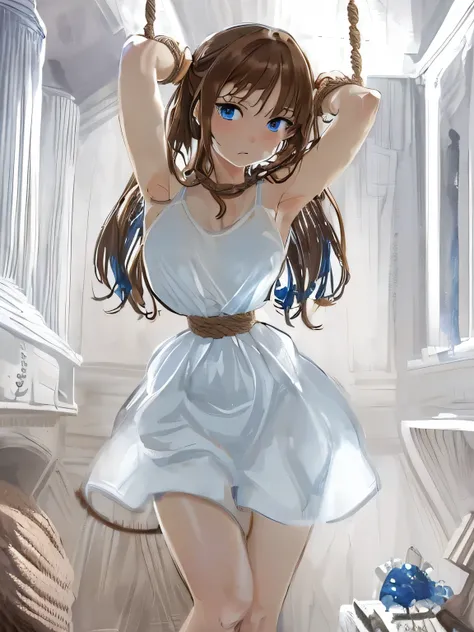 ((masterpiece)), ((highest quality)), (super detailed), torture chamber,(((Waist bound tightly with rope))),pretty girl, 1 girl, alone,white tank top one piece dress,beautiful brown hair, (beautiful blue eyes), long hair, expression of agony