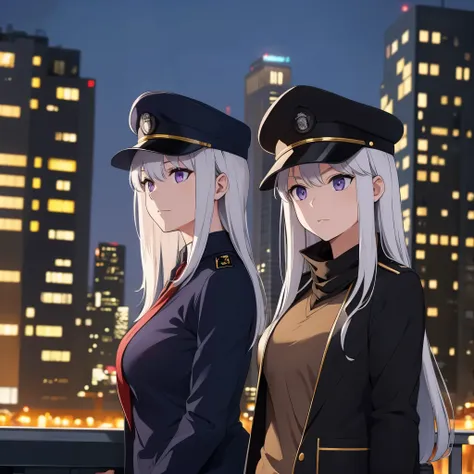 a woman wearing casual clothes in a city at night, silver hair, purple eyes,wearing military hat silver