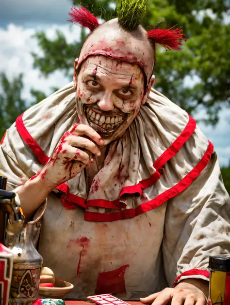analog photo , tw1sty, bloody mouth, bloody face, , holding playing cards, sitting behind table facing viewer, close-shot 8k uhd, dslr, cinematic lighting, high quality, film grain, portrait, Fujifilm XT3, (low angle prison-yard stormy skies) high saturati...