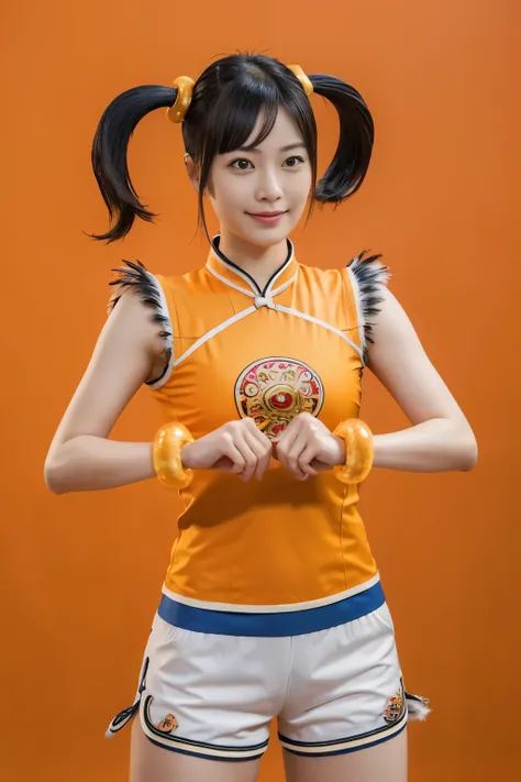 (masterpiece, highest quality:1.2), alone, 1 girl, Lin Xiaoyu, slight smile, combat readiness, twin tails, Chinese service, Orange Cheongsam, white shorts, No sleeve, jewelry, bracelet