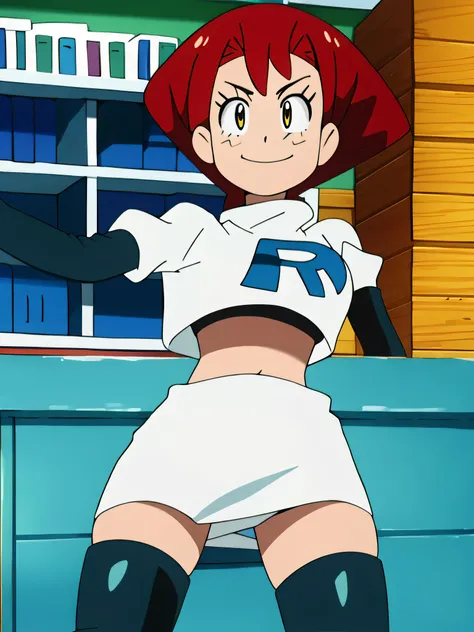 8k,1girl in, (solo:1.1), (perfect body:1.1), (best quality:1.1), very large breast, team rocket, team rocket uniform, red letter r, white skirt,white crop top,black thigh-high boots, black elbow gloves, smiling, looking down at viewer, hands on hips,zettai...