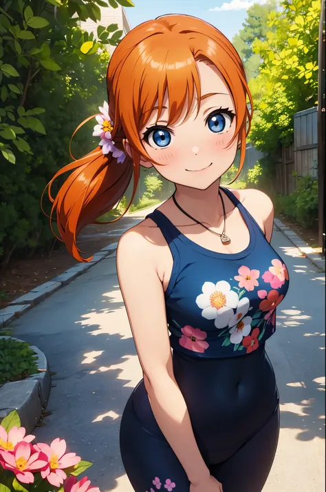 (Masterpiece, Best Quality, High Quality),(chibi), kousaka honoka, orange hair,low ponytail, blue eyes, volumetric lighting, illustration, beautiful, tight , Blushing, breasts, looking at viewer, flowers printed tank top, yoga pants,solo, curvy body,floral...