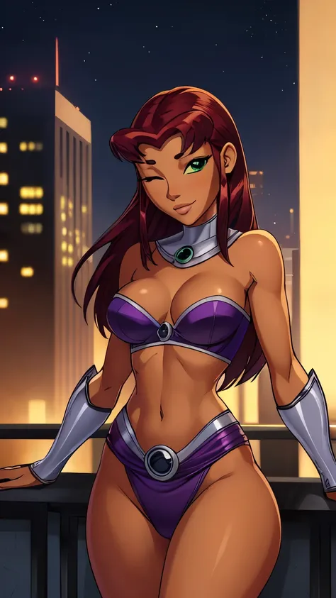 ((ultra quality)), ((masterpiece)), starfire, ((dark red hair)), (beautiful face), (beautiful female lips), (), charming, ((inno...