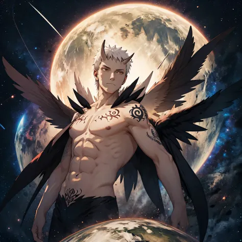 35-year-old male, dark-skinned, tattoos, white hair, horns, large black wings, black wings, dark wings, gigantic black wings, flying through space, flying to viewer, earth and stars in the background